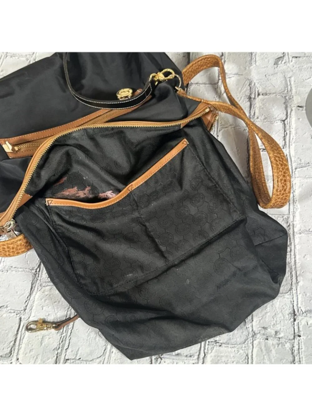 Michael Kors Black Cognac Shoulder Bag With Tan Leather Trim Medium Purse